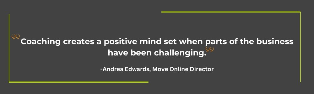 Inspiring quote about business coaching by Move Director with green and gray colours. Empowering about business coaching benefits.