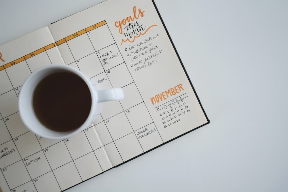 A cup of coffee resting on a diary to demonstrate what are smart goals and how to set them